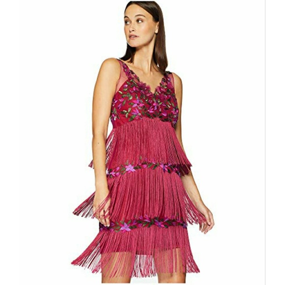 NWT Marchesa Fringe Embroidered Cocktail Dress - Picture 2 of 8